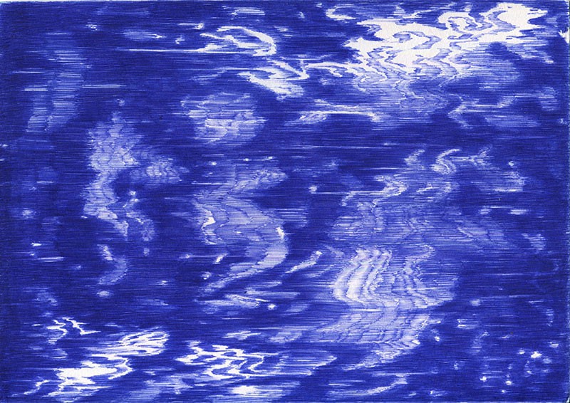 <span class=titre_dessin>Vers Cythère,</span>Dessin ricochet (bleu), stylo bille sur papier, 21 x 30 cm, encadrés blanc, 2018